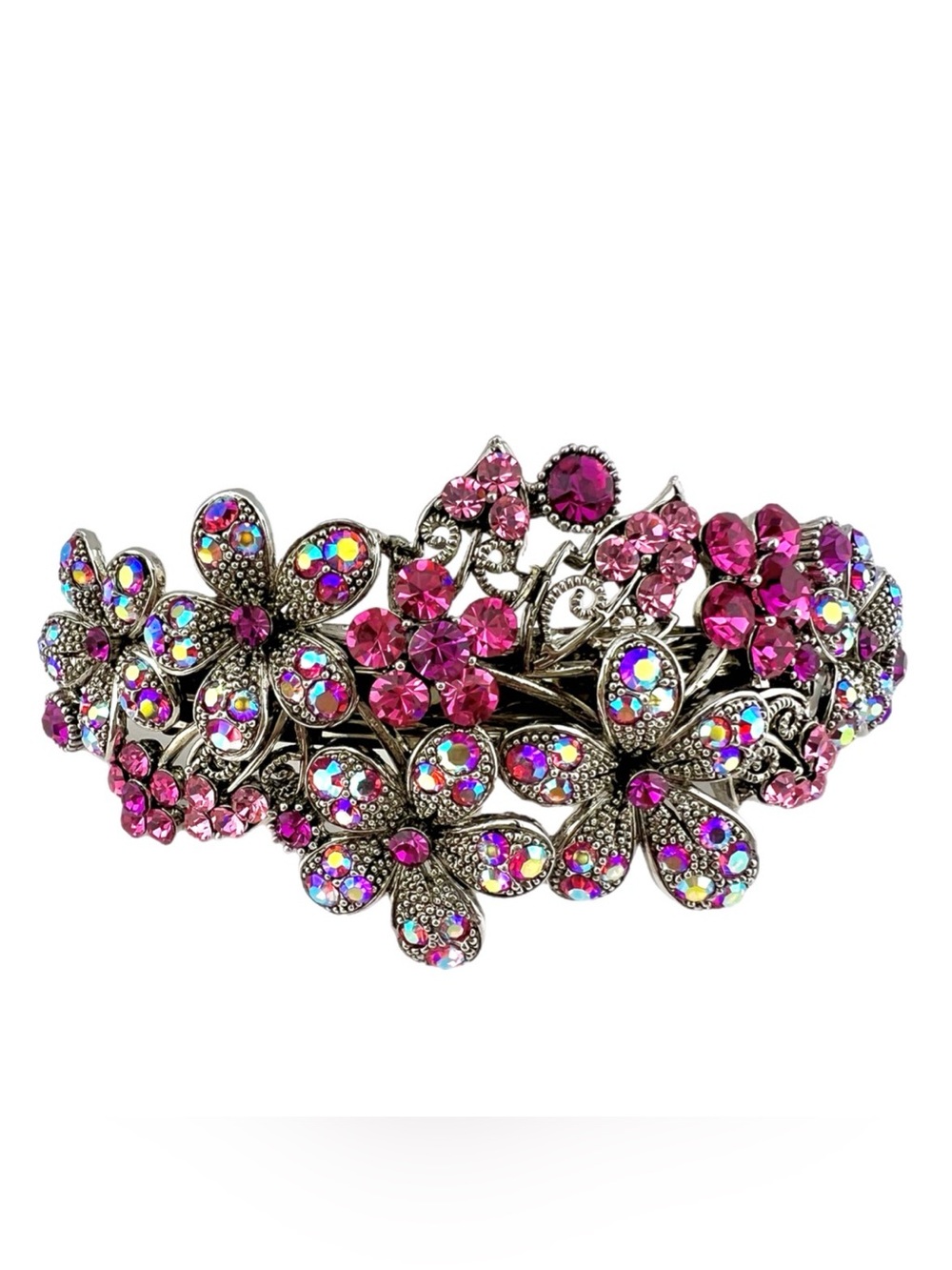 Pink Crystal Floral Big Hair Clip - With Sparkling AB Rhinestones